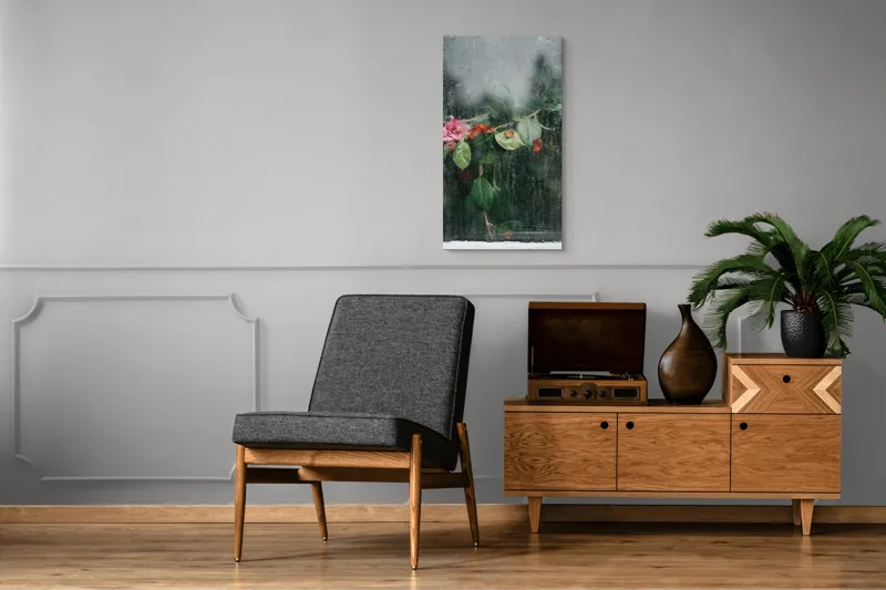 Tablou Canvas, "Flori ofilite după ploaie rece", Plante, Flori, Geam, Picături, Verdeață, Roua, Rece, Natură, Umiditate, Textură, 50 x 90 cm – poza 8