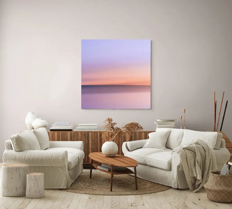 Tablou Canvas, "Roz și albastru peste orizontul apei", Cer, Pastel, Apus, Liniște, Reflexie, Orizont, Abstract, Calm, Violete, Roz., 100 x 100 cm – poza 3