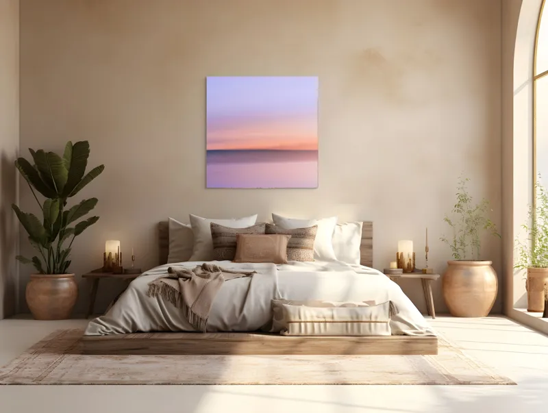 Tablou Canvas, "Roz și albastru peste orizontul apei", Cer, Pastel, Apus, Liniște, Reflexie, Orizont, Abstract, Calm, Violete, Roz., 100 x 100 cm – poza 4