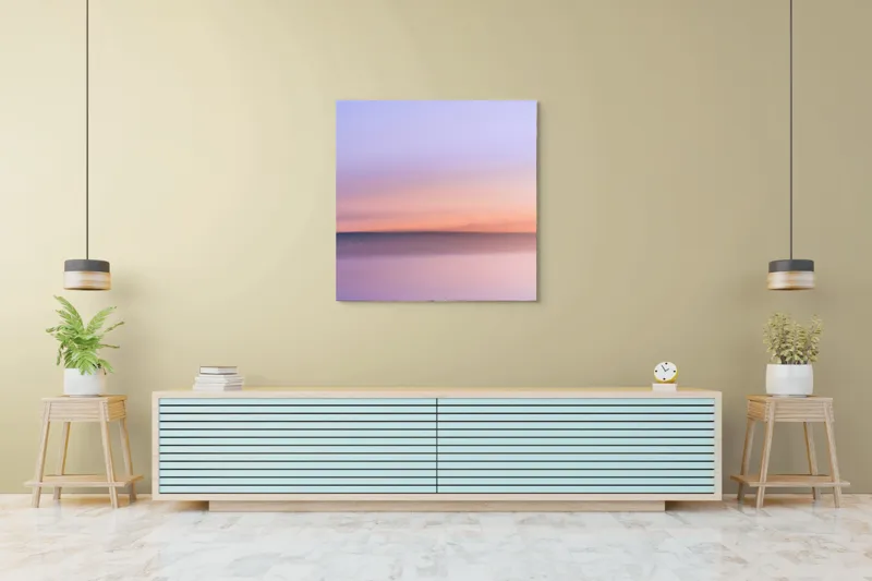 Tablou Canvas, "Roz și albastru peste orizontul apei", Cer, Pastel, Apus, Liniște, Reflexie, Orizont, Abstract, Calm, Violete, Roz., 100 x 100 cm – poza 5