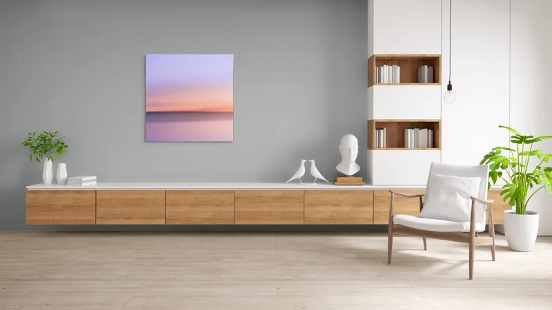 Tablou Canvas, "Roz și albastru peste orizontul apei", Cer, Pastel, Apus, Liniște, Reflexie, Orizont, Abstract, Calm, Violete, Roz., 100 x 100 cm – poza 8