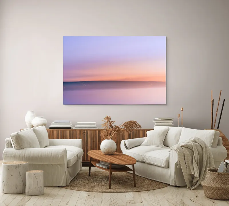Tablou Canvas, "Roz și albastru peste orizontul apei", Cer, Pastel, Apus, Liniște, Reflexie, Orizont, Abstract, Calm, Violete, Roz., 150 x 100 cm – poza 3