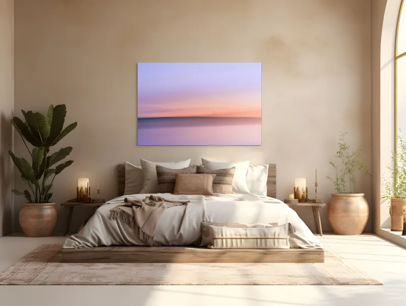 Tablou Canvas, "Roz și albastru peste orizontul apei", Cer, Pastel, Apus, Liniște, Reflexie, Orizont, Abstract, Calm, Violete, Roz., 150 x 100 cm – poza 4
