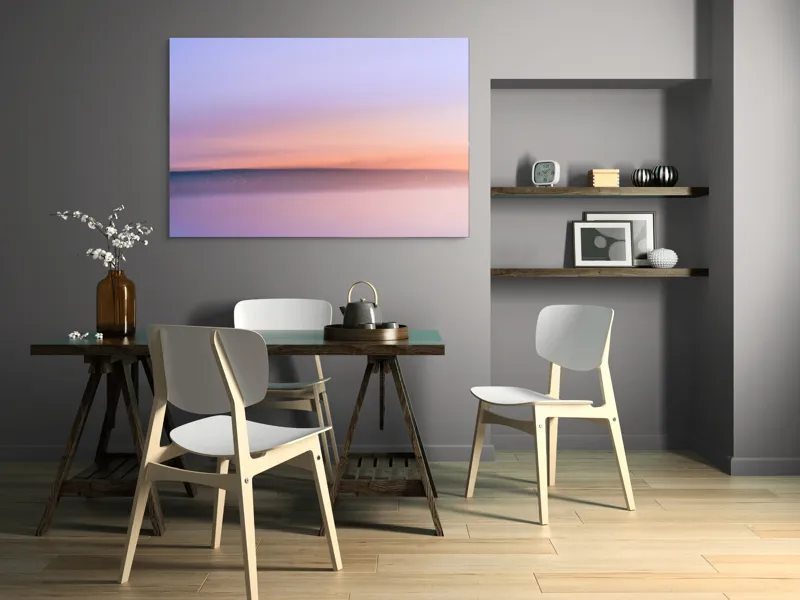 Tablou Canvas, "Roz și albastru peste orizontul apei", Cer, Pastel, Apus, Liniște, Reflexie, Orizont, Abstract, Calm, Violete, Roz., 150 x 100 cm – poza 5