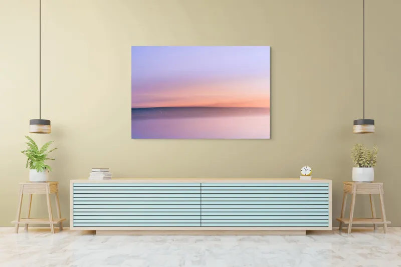 Tablou Canvas, "Roz și albastru peste orizontul apei", Cer, Pastel, Apus, Liniște, Reflexie, Orizont, Abstract, Calm, Violete, Roz., 150 x 100 cm – poza 6