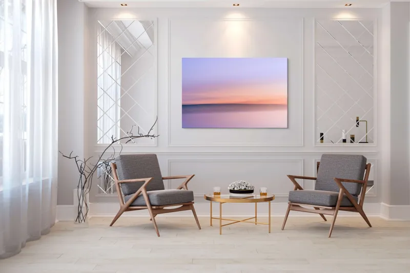 Tablou Canvas, "Roz și albastru peste orizontul apei", Cer, Pastel, Apus, Liniște, Reflexie, Orizont, Abstract, Calm, Violete, Roz., 150 x 100 cm – poza 7