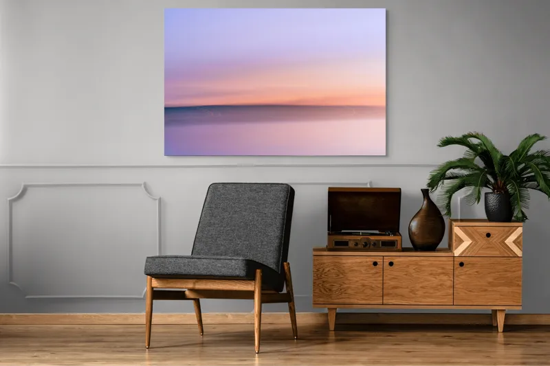 Tablou Canvas, "Roz și albastru peste orizontul apei", Cer, Pastel, Apus, Liniște, Reflexie, Orizont, Abstract, Calm, Violete, Roz., 150 x 100 cm – poza 8
