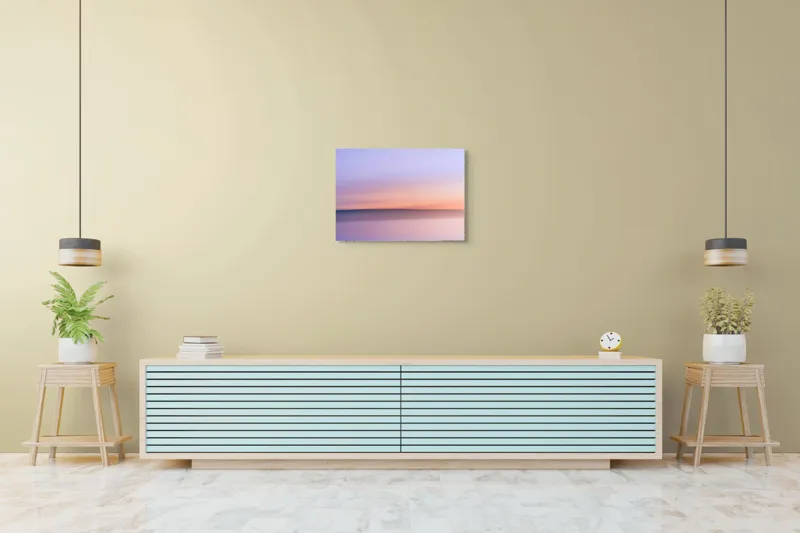 Tablou Canvas, "Roz și albastru peste orizontul apei", Cer, Pastel, Apus, Liniște, Reflexie, Orizont, Abstract, Calm, Violete, Roz., 70 x 50 cm – poza 7