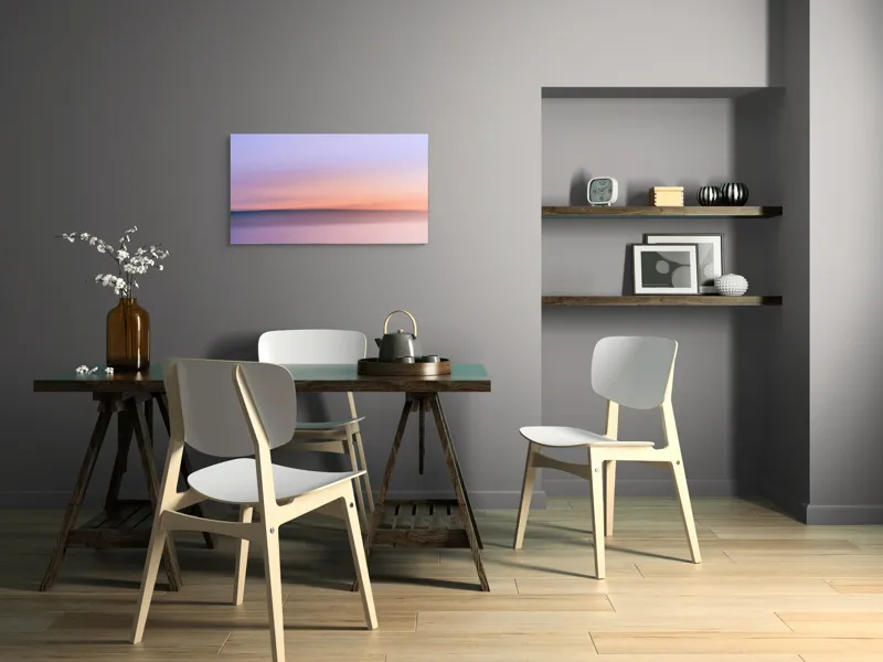Tablou Canvas, "Roz și albastru peste orizontul apei", Cer, Pastel, Apus, Liniște, Reflexie, Orizont, Abstract, Calm, Violete, Roz., 90 x 50 cm – poza 3