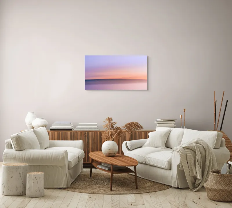 Tablou Canvas, "Roz și albastru peste orizontul apei", Cer, Pastel, Apus, Liniște, Reflexie, Orizont, Abstract, Calm, Violete, Roz., 90 x 50 cm – poza 4