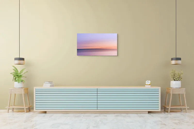 Tablou Canvas, "Roz și albastru peste orizontul apei", Cer, Pastel, Apus, Liniște, Reflexie, Orizont, Abstract, Calm, Violete, Roz., 90 x 50 cm – poza 5