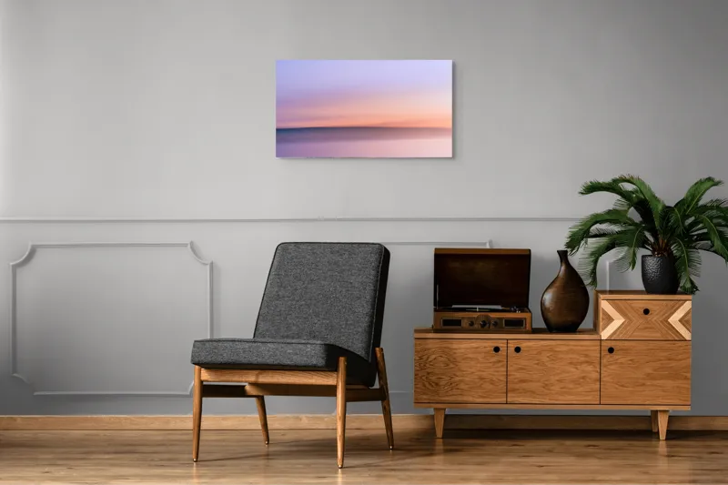 Tablou Canvas, "Roz și albastru peste orizontul apei", Cer, Pastel, Apus, Liniște, Reflexie, Orizont, Abstract, Calm, Violete, Roz., 90 x 50 cm – poza 6