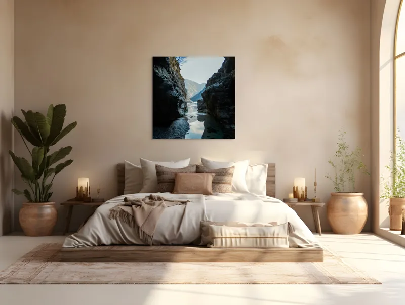 Tablou Canvas, "Trecătoare către lumină și munți", Roci, Râuri, Reflecție, Cer, Vârfuri, Umbre, Peisaj, Tranquil, Natură, 100 x 100 cm – poza 4