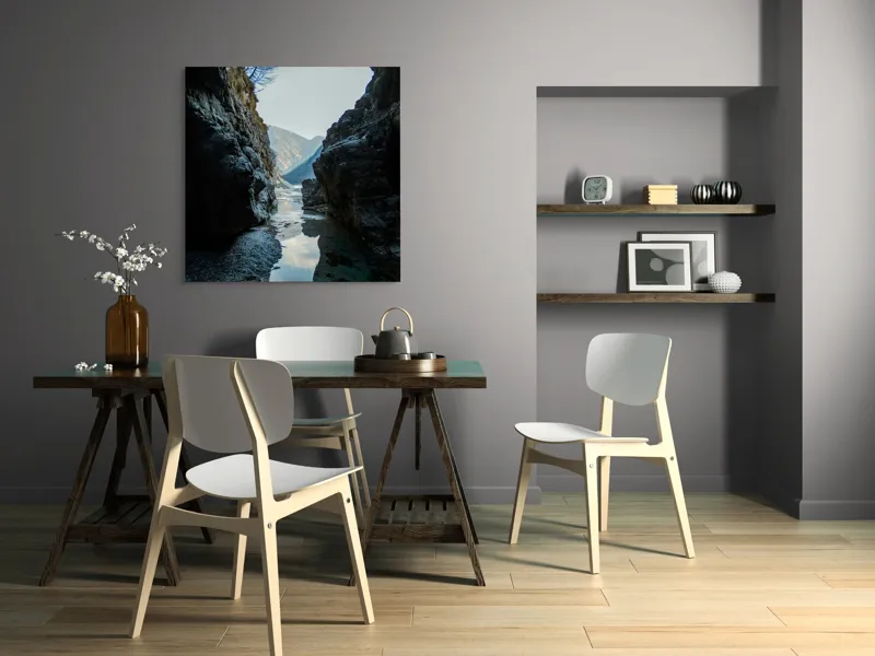 Tablou Canvas, "Trecătoare către lumină și munți", Roci, Râuri, Reflecție, Cer, Vârfuri, Umbre, Peisaj, Tranquil, Natură, 100 x 100 cm – poza 6
