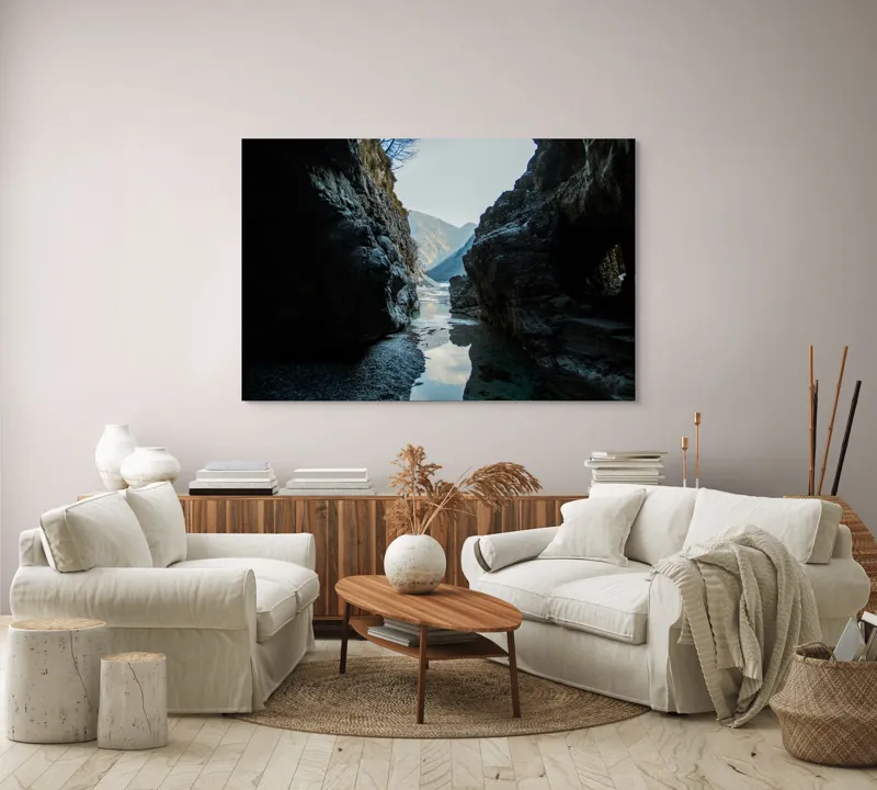 Tablou Canvas, "Trecătoare către lumină și munți", Roci, Râuri, Reflecție, Cer, Vârfuri, Umbre, Peisaj, Tranquil, Natură, 150 x 100 cm – poza 3