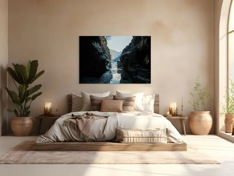 Tablou Canvas, "Trecătoare către lumină și munți", Roci, Râuri, Reflecție, Cer, Vârfuri, Umbre, Peisaj, Tranquil, Natură, 150 x 100 cm – poza 4