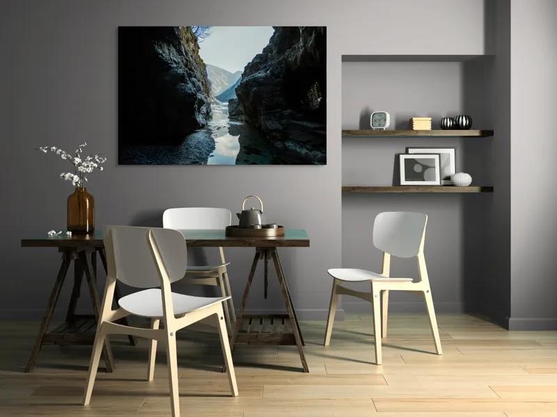 Tablou Canvas, "Trecătoare către lumină și munți", Roci, Râuri, Reflecție, Cer, Vârfuri, Umbre, Peisaj, Tranquil, Natură, 150 x 100 cm – poza 5
