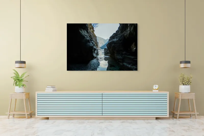 Tablou Canvas, "Trecătoare către lumină și munți", Roci, Râuri, Reflecție, Cer, Vârfuri, Umbre, Peisaj, Tranquil, Natură, 150 x 100 cm – poza 6