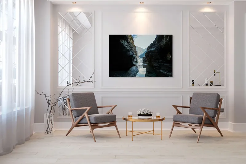 Tablou Canvas, "Trecătoare către lumină și munți", Roci, Râuri, Reflecție, Cer, Vârfuri, Umbre, Peisaj, Tranquil, Natură, 150 x 100 cm – poza 7