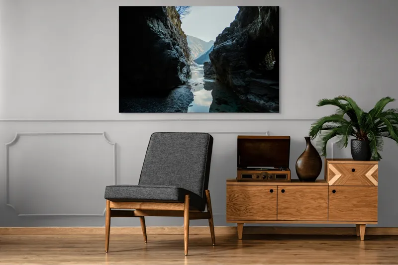 Tablou Canvas, "Trecătoare către lumină și munți", Roci, Râuri, Reflecție, Cer, Vârfuri, Umbre, Peisaj, Tranquil, Natură, 150 x 100 cm – poza 8