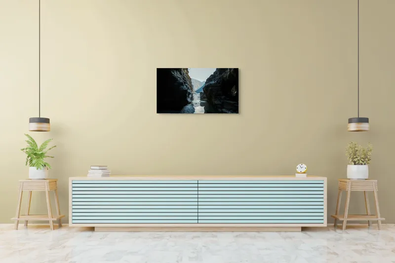 Tablou Canvas, "Trecătoare către lumină și munți", Roci, Râuri, Reflecție, Cer, Vârfuri, Umbre, Peisaj, Tranquil, Natură, 90 x 50 cm – poza 5