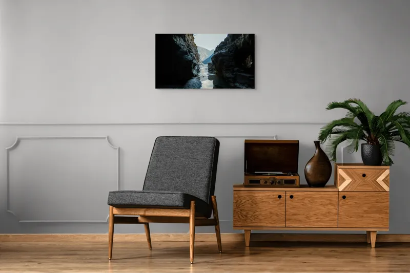 Tablou Canvas, "Trecătoare către lumină și munți", Roci, Râuri, Reflecție, Cer, Vârfuri, Umbre, Peisaj, Tranquil, Natură, 90 x 50 cm – poza 6