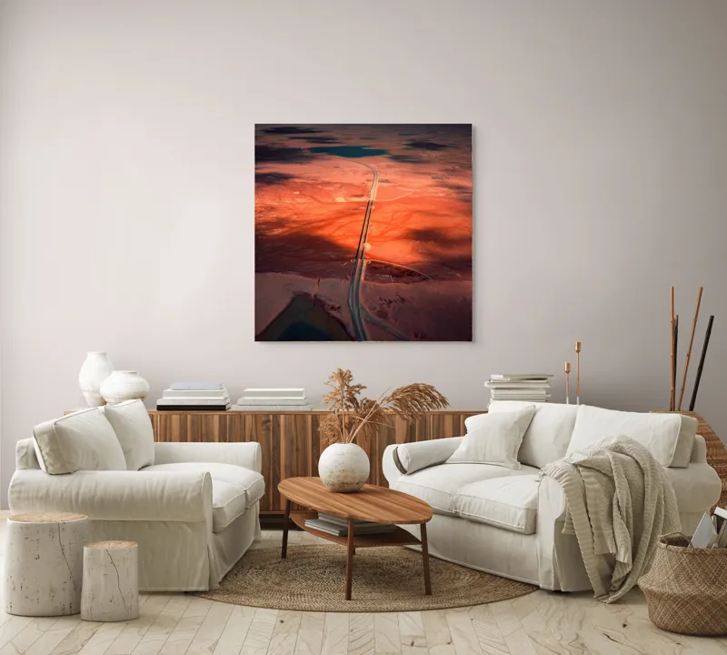 Tablou Canvas, "Drumul Tăcerii sub Soare Apus", Drum, Apus, Peisaj, Umbre, Natură, Cer, Râu, Culoare, Perspective, Lumină, 100 x 100 cm – poza 3