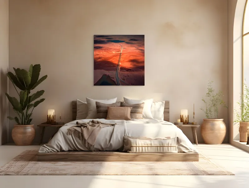 Tablou Canvas, "Drumul Tăcerii sub Soare Apus", Drum, Apus, Peisaj, Umbre, Natură, Cer, Râu, Culoare, Perspective, Lumină, 100 x 100 cm – poza 4