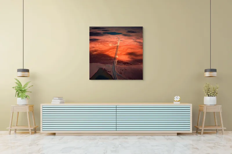 Tablou Canvas, "Drumul Tăcerii sub Soare Apus", Drum, Apus, Peisaj, Umbre, Natură, Cer, Râu, Culoare, Perspective, Lumină, 100 x 100 cm – poza 5
