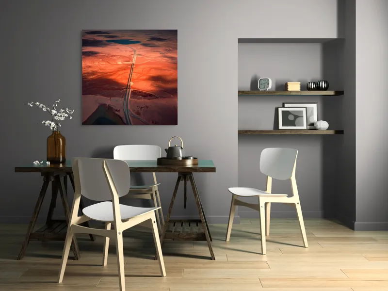 Tablou Canvas, "Drumul Tăcerii sub Soare Apus", Drum, Apus, Peisaj, Umbre, Natură, Cer, Râu, Culoare, Perspective, Lumină, 100 x 100 cm – poza 6