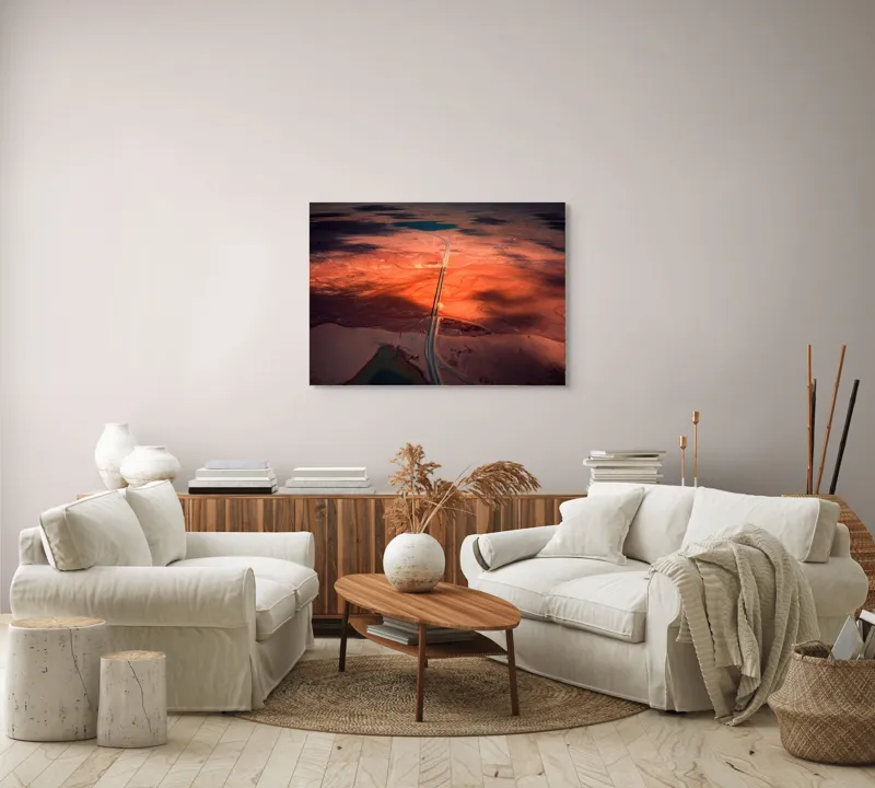 Tablou Canvas, "Drumul Tăcerii sub Soare Apus", Drum, Apus, Peisaj, Umbre, Natură, Cer, Râu, Culoare, Perspective, Lumină, 100 x 70 cm – poza 3