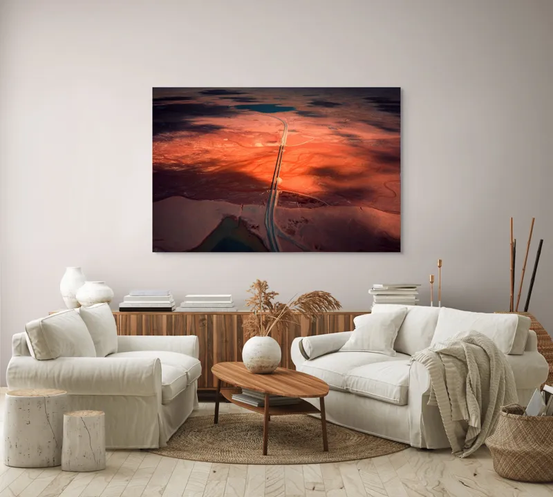 Tablou Canvas, "Drumul Tăcerii sub Soare Apus", Drum, Apus, Peisaj, Umbre, Natură, Cer, Râu, Culoare, Perspective, Lumină, 150 x 100 cm – poza 3