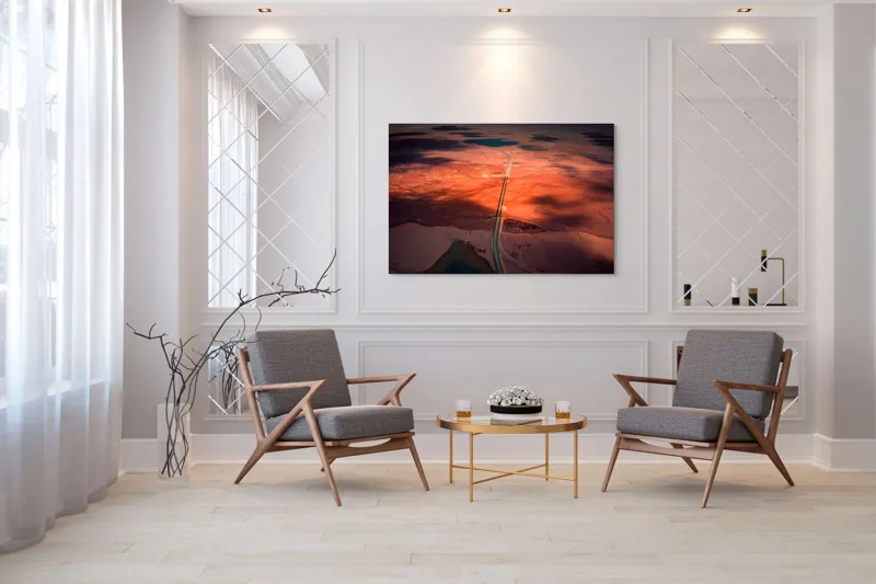 Tablou Canvas, "Drumul Tăcerii sub Soare Apus", Drum, Apus, Peisaj, Umbre, Natură, Cer, Râu, Culoare, Perspective, Lumină, 150 x 100 cm – poza 7