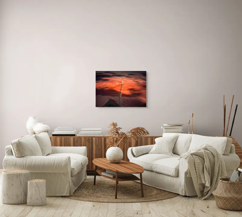 Tablou Canvas, "Drumul Tăcerii sub Soare Apus", Drum, Apus, Peisaj, Umbre, Natură, Cer, Râu, Culoare, Perspective, Lumină, 70 x 50 cm – poza 6