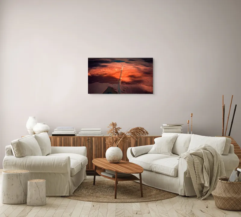 Tablou Canvas, "Drumul Tăcerii sub Soare Apus", Drum, Apus, Peisaj, Umbre, Natură, Cer, Râu, Culoare, Perspective, Lumină, 90 x 50 cm – poza 4