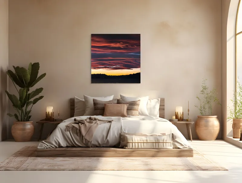 Tablou Canvas, "Cerul aprins al apusului montan", Cer, Apus, Nori, Roșu, Munți, Siluetă, Orizont, Lumină, Umbre, Natură, 100 x 100 cm – poza 4