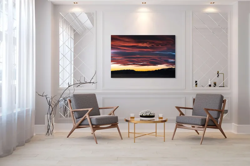 Tablou Canvas, "Cerul aprins al apusului montan", Cer, Apus, Nori, Roșu, Munți, Siluetă, Orizont, Lumină, Umbre, Natură, 150 x 100 cm – poza 7