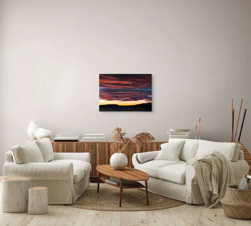 Tablou Canvas, "Cerul aprins al apusului montan", Cer, Apus, Nori, Roșu, Munți, Siluetă, Orizont, Lumină, Umbre, Natură, 70 x 50 cm – poza 6