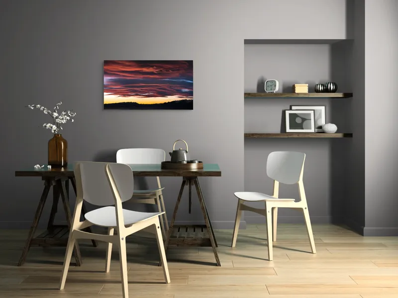 Tablou Canvas, "Cerul aprins al apusului montan", Cer, Apus, Nori, Roșu, Munți, Siluetă, Orizont, Lumină, Umbre, Natură, 90 x 50 cm – poza 3