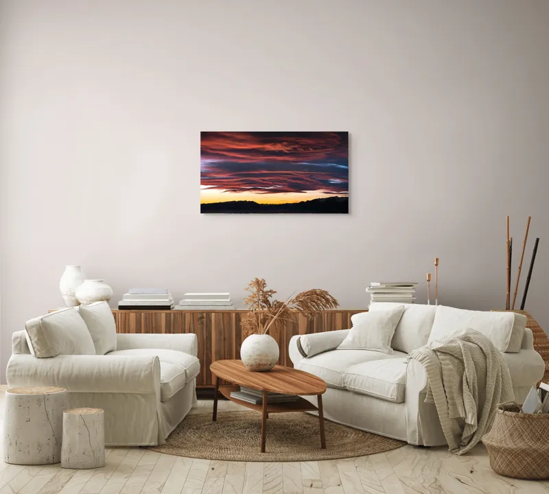 Tablou Canvas, "Cerul aprins al apusului montan", Cer, Apus, Nori, Roșu, Munți, Siluetă, Orizont, Lumină, Umbre, Natură, 90 x 50 cm – poza 4