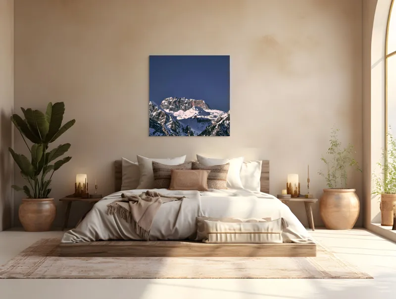 Tablou Canvas, "Vârfuri alpine sub cerul albastru", Albastru, Vârf, Zăpadă, Stânci, Grandios, Rece, Clar, Munți, Cer, Impresionant, 100 x 100 cm – poza 4