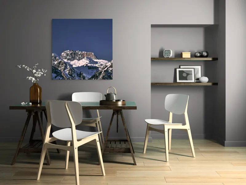 Tablou Canvas, "Vârfuri alpine sub cerul albastru", Albastru, Vârf, Zăpadă, Stânci, Grandios, Rece, Clar, Munți, Cer, Impresionant, 100 x 100 cm – poza 6