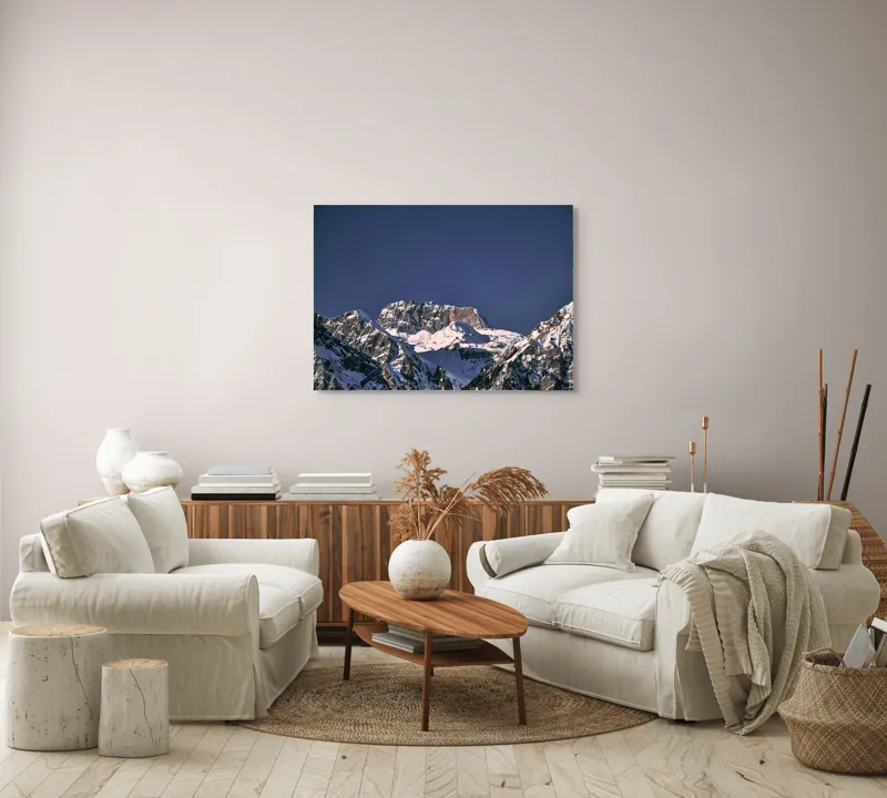 Tablou Canvas, "Vârfuri alpine sub cerul albastru", Albastru, Vârf, Zăpadă, Stânci, Grandios, Rece, Clar, Munți, Cer, Impresionant, 100 x 70 cm – poza 3