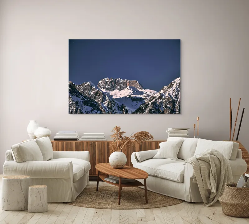 Tablou Canvas, "Vârfuri alpine sub cerul albastru", Albastru, Vârf, Zăpadă, Stânci, Grandios, Rece, Clar, Munți, Cer, Impresionant, 150 x 100 cm – poza 3