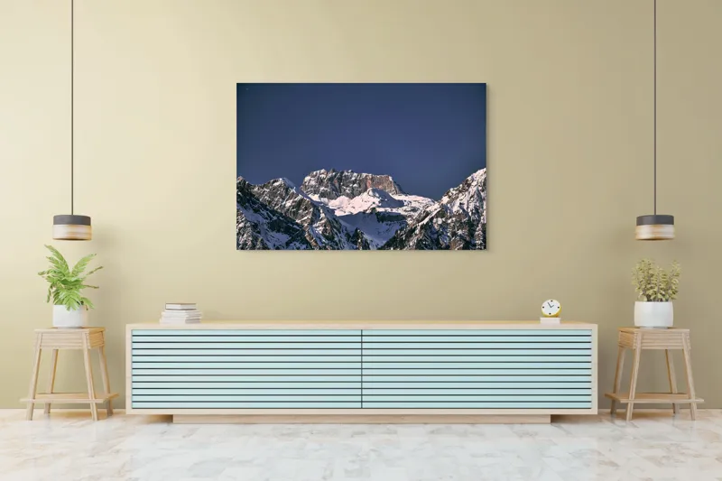 Tablou Canvas, "Vârfuri alpine sub cerul albastru", Albastru, Vârf, Zăpadă, Stânci, Grandios, Rece, Clar, Munți, Cer, Impresionant, 150 x 100 cm – poza 6