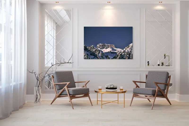 Tablou Canvas, "Vârfuri alpine sub cerul albastru", Albastru, Vârf, Zăpadă, Stânci, Grandios, Rece, Clar, Munți, Cer, Impresionant, 150 x 100 cm – poza 7