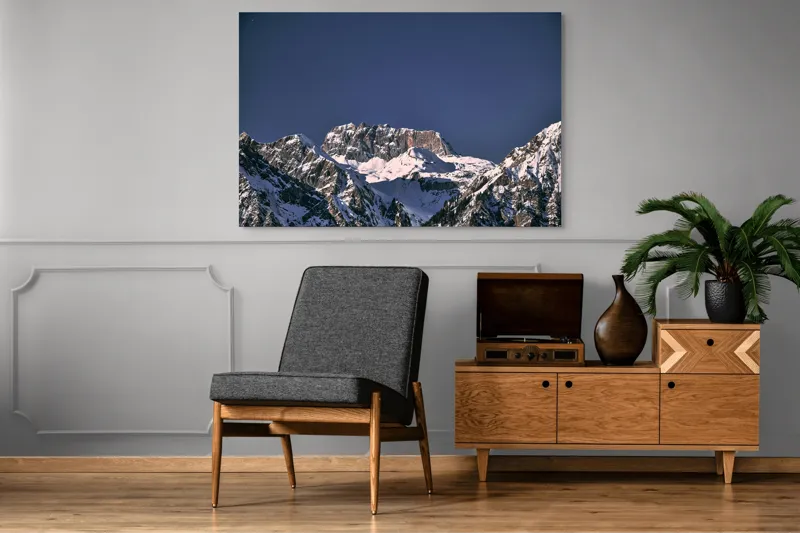 Tablou Canvas, "Vârfuri alpine sub cerul albastru", Albastru, Vârf, Zăpadă, Stânci, Grandios, Rece, Clar, Munți, Cer, Impresionant, 150 x 100 cm – poza 8