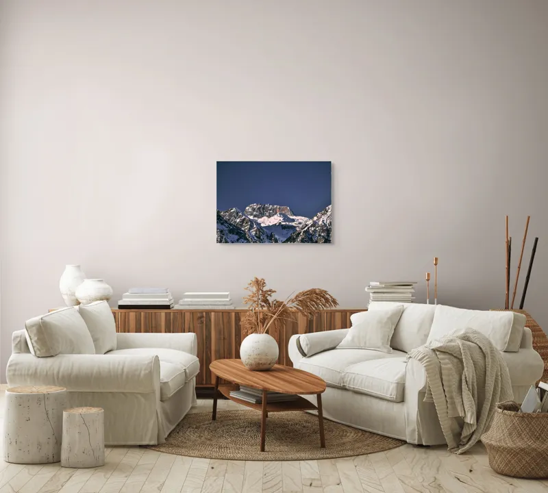 Tablou Canvas, "Vârfuri alpine sub cerul albastru", Albastru, Vârf, Zăpadă, Stânci, Grandios, Rece, Clar, Munți, Cer, Impresionant, 70 x 50 cm – poza 6