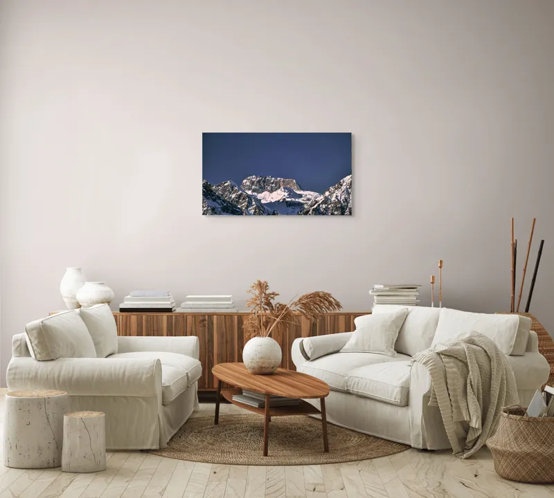 Tablou Canvas, "Vârfuri alpine sub cerul albastru", Albastru, Vârf, Zăpadă, Stânci, Grandios, Rece, Clar, Munți, Cer, Impresionant, 90 x 50 cm – poza 4