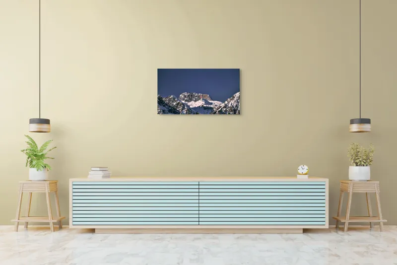 Tablou Canvas, "Vârfuri alpine sub cerul albastru", Albastru, Vârf, Zăpadă, Stânci, Grandios, Rece, Clar, Munți, Cer, Impresionant, 90 x 50 cm – poza 5